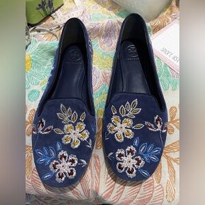 Tory Burch Floral Embroidered Blue Loafers. All leather & suede including soles